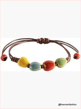 Adjustable Ceramic Bead Bracelet, Boho Leather Cord Jewelry for Women